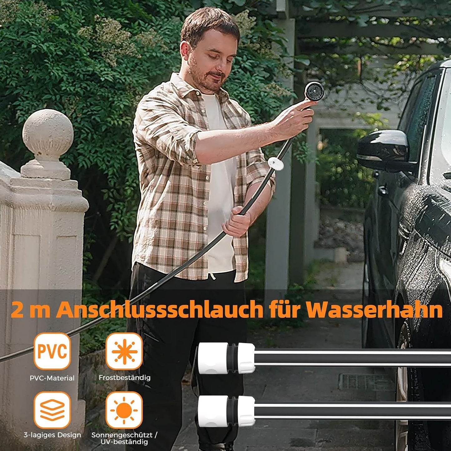 Schlauchaufroller mit Aufroll-Automatik & 7 Sprühmustern, Grau-weiss 25 m