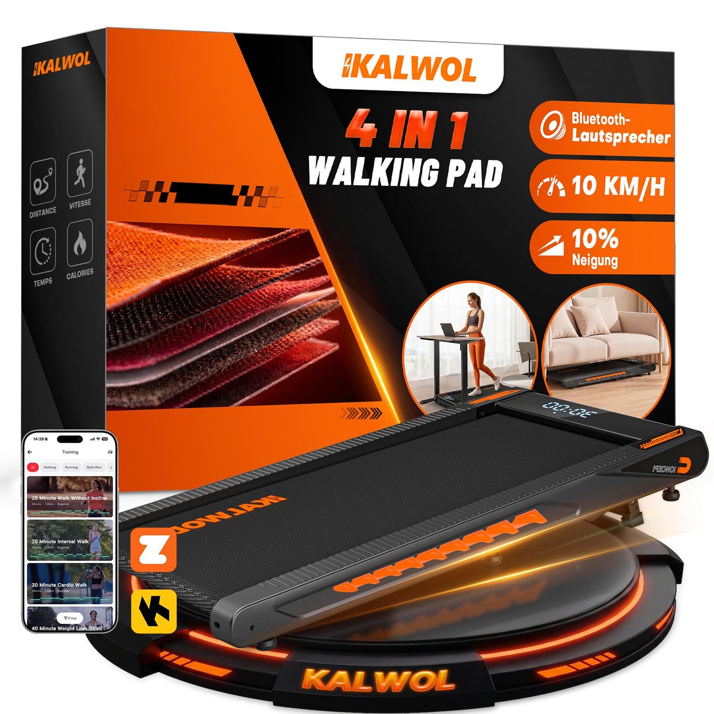 Walking Pad Laufband 10km/h mit Bluetooth Speaker, Schwarz-Dunkelorange