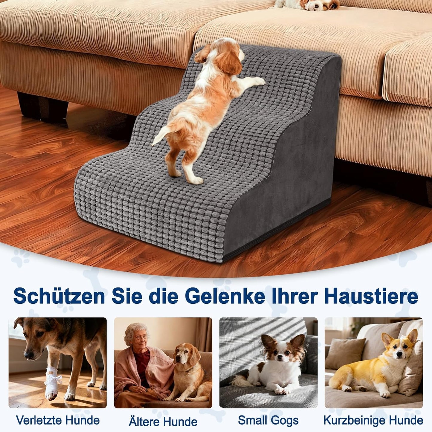 Haustiertreppe mit 3 Stufen, 3 Stufen Grau Hundetreppe