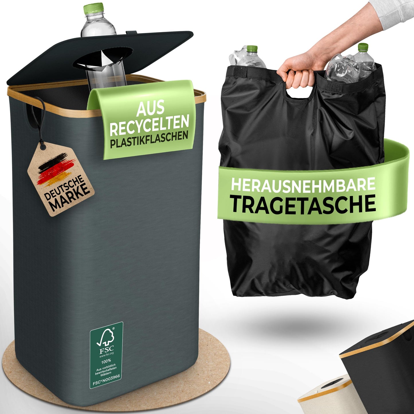 Pfandflaschen Sammelbehälter mit Tragetasche, Grau Mit Einwurfloch, Eckig