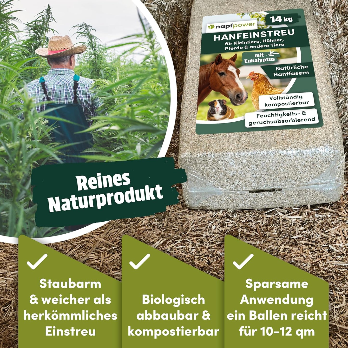 Hanf-Einstreu mit Eukalyptus, 14 kg