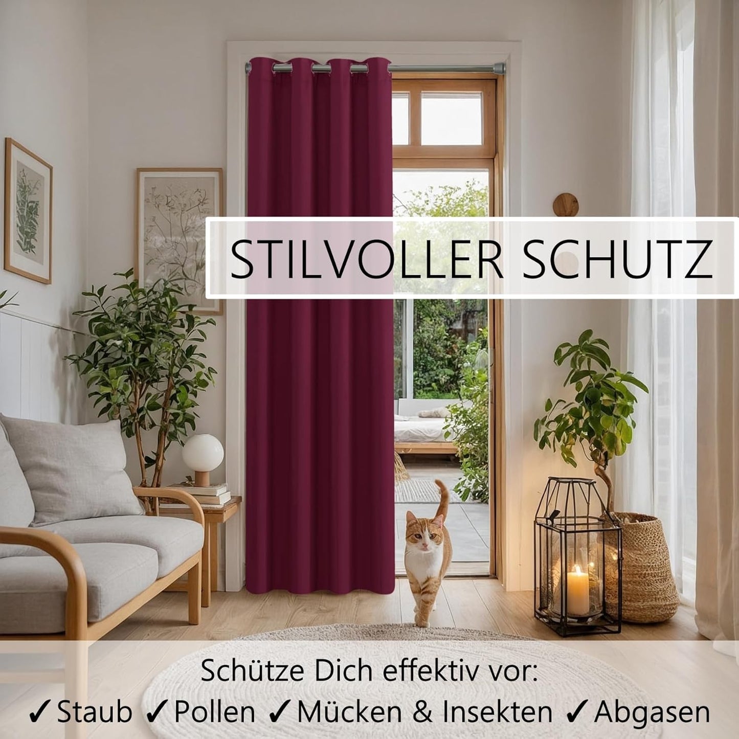 Türvorhang mit Teleskopstange, H200 x B150 cm (1er Pack) Türvorhang Bordeaux Rot + Stange Silber