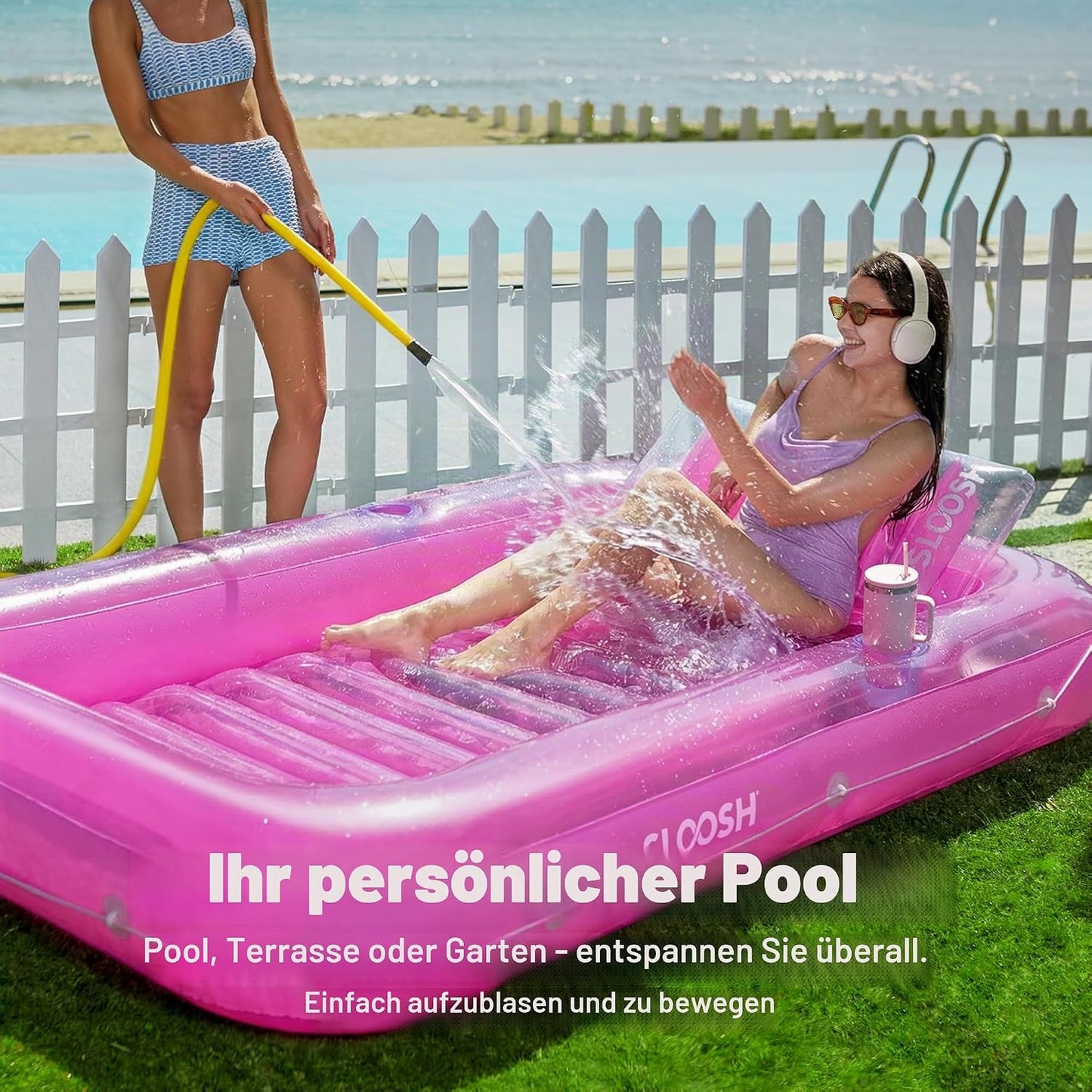 Aufblasbarer Sonnenpool mit abnehmbarem Kissen und Getränkehalter, Rosa XL