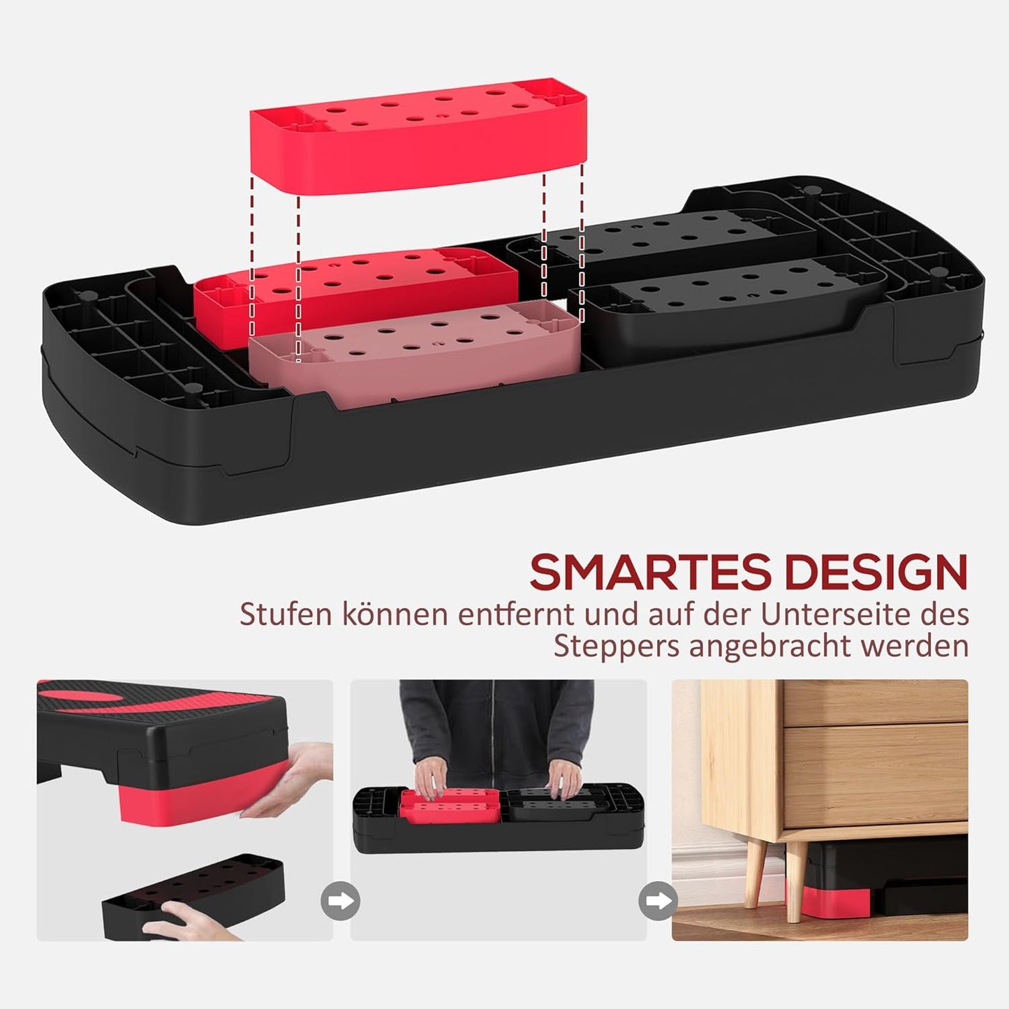 Höhenverstellbares Steppbrett, Schwarz+Rot