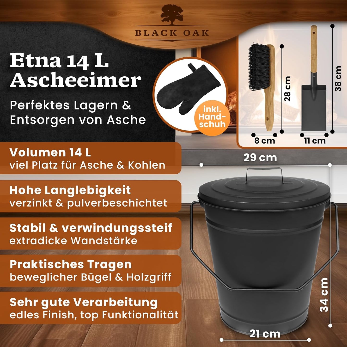 Ascheeimer Etna mit Zubehör, Eimer & Zubehör 3 Etna 14l Eimer + Lederhandschuh + Kehrset