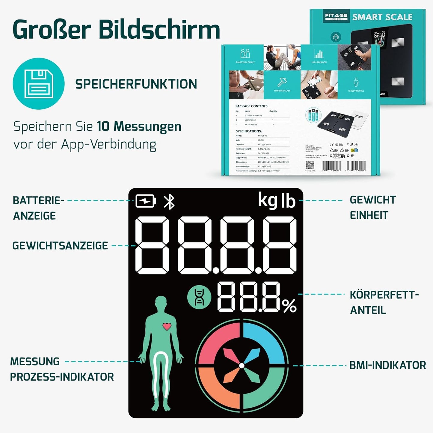 Digitale Körperfettwaage mit App, LCD