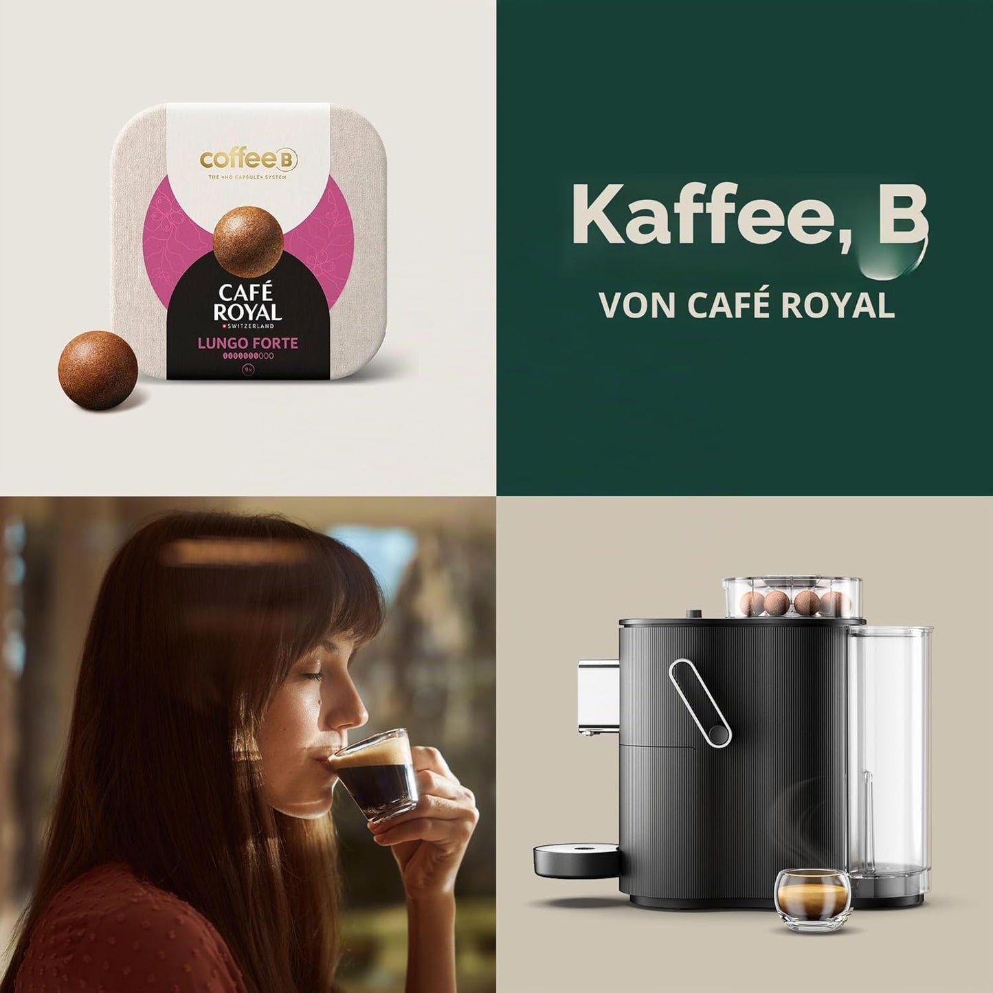 Switzerland Professional CoffeeB Globe Kaffeemaschine mit kompostierbaren Kaffeebällen, Schwarz +90 Bälle LUNGO FORTE
