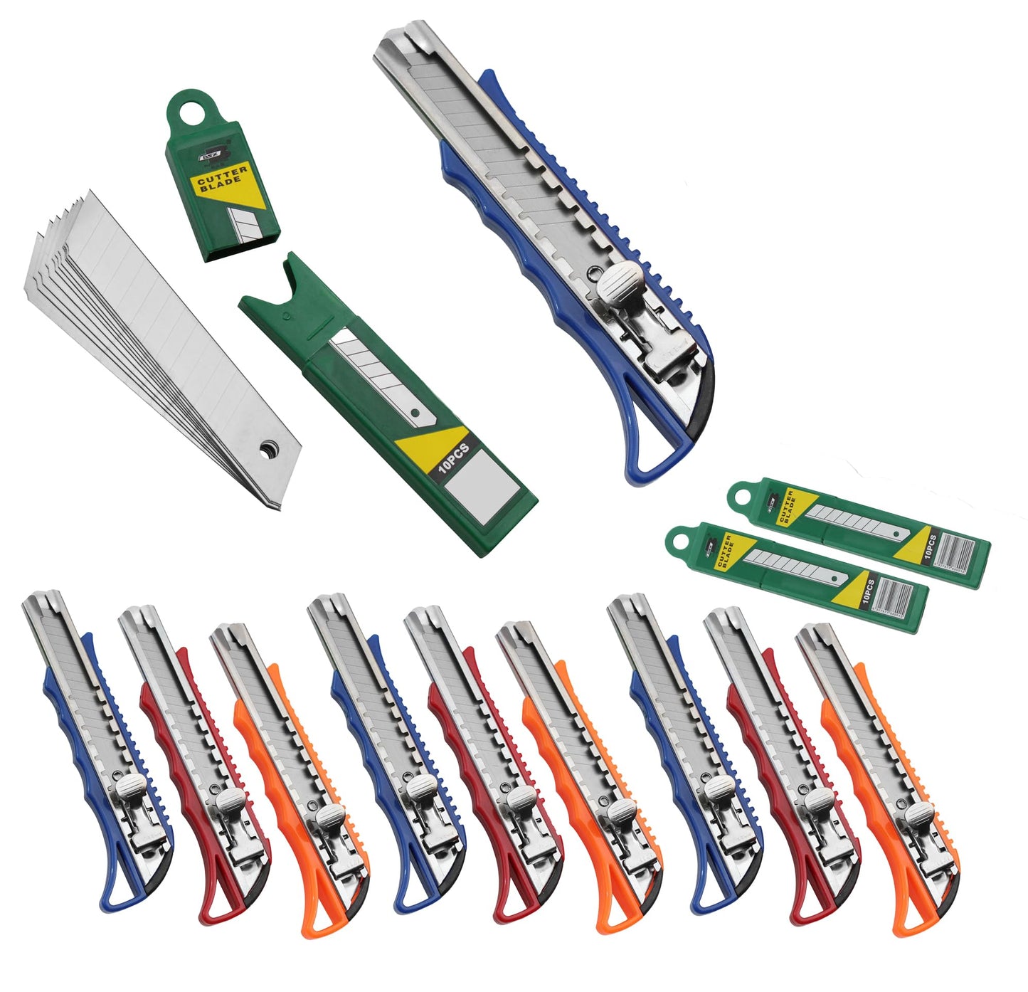 10 x Cuttermesser mit 30 Ersatzklingen, 10 Profi Cutter | 30 Ersatzklingen (Farbmix)
