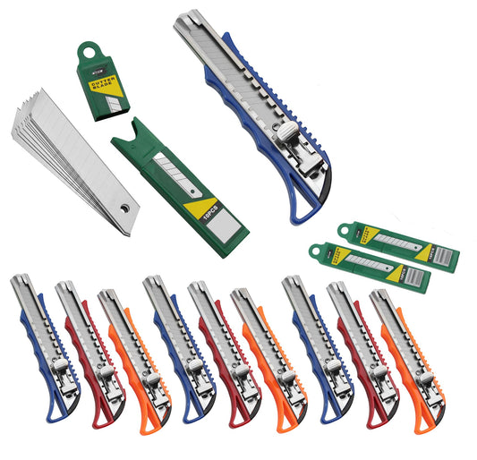 10 x Cuttermesser mit 30 Ersatzklingen, 10 Profi Cutter | 30 Ersatzklingen (Farbmix)
