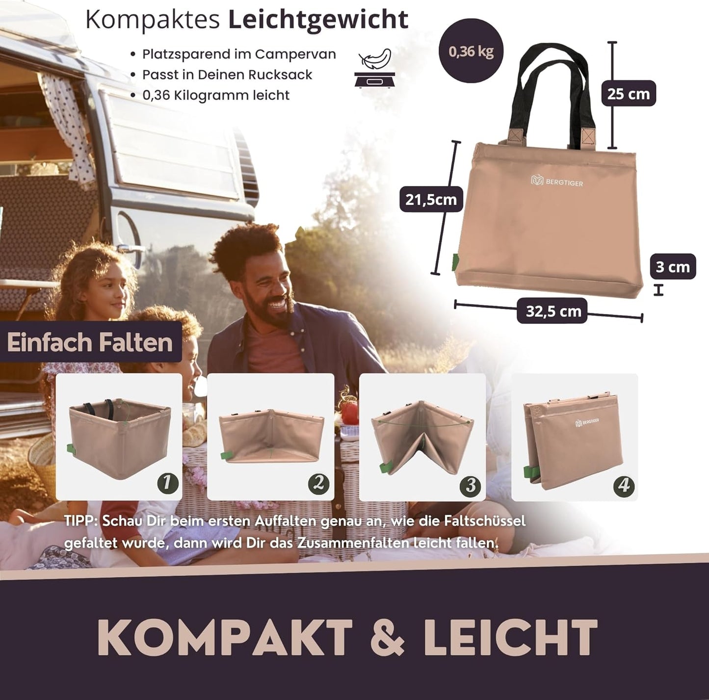 Faltbare Camping-Spülschüssel mit Griff, Khaki / Olive - 21 Liter