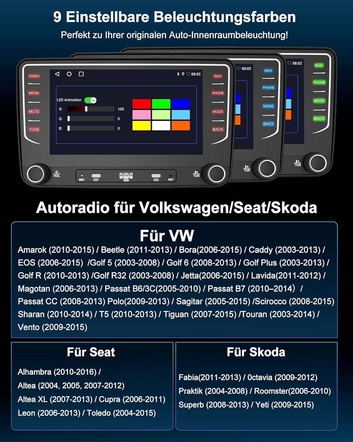 2DIN Autoradio mit Navi, Android Auto und Carplay für VW/Seat/Skoda