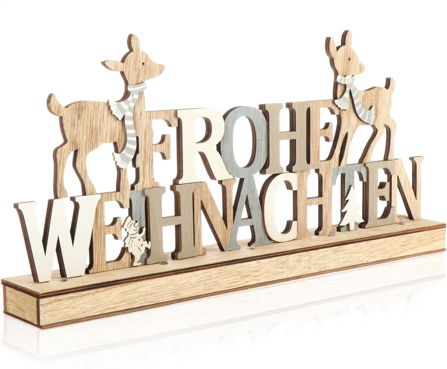 LED Holzaufsteller mit Timer - Frohe Weihnachten, Rentiere - grau