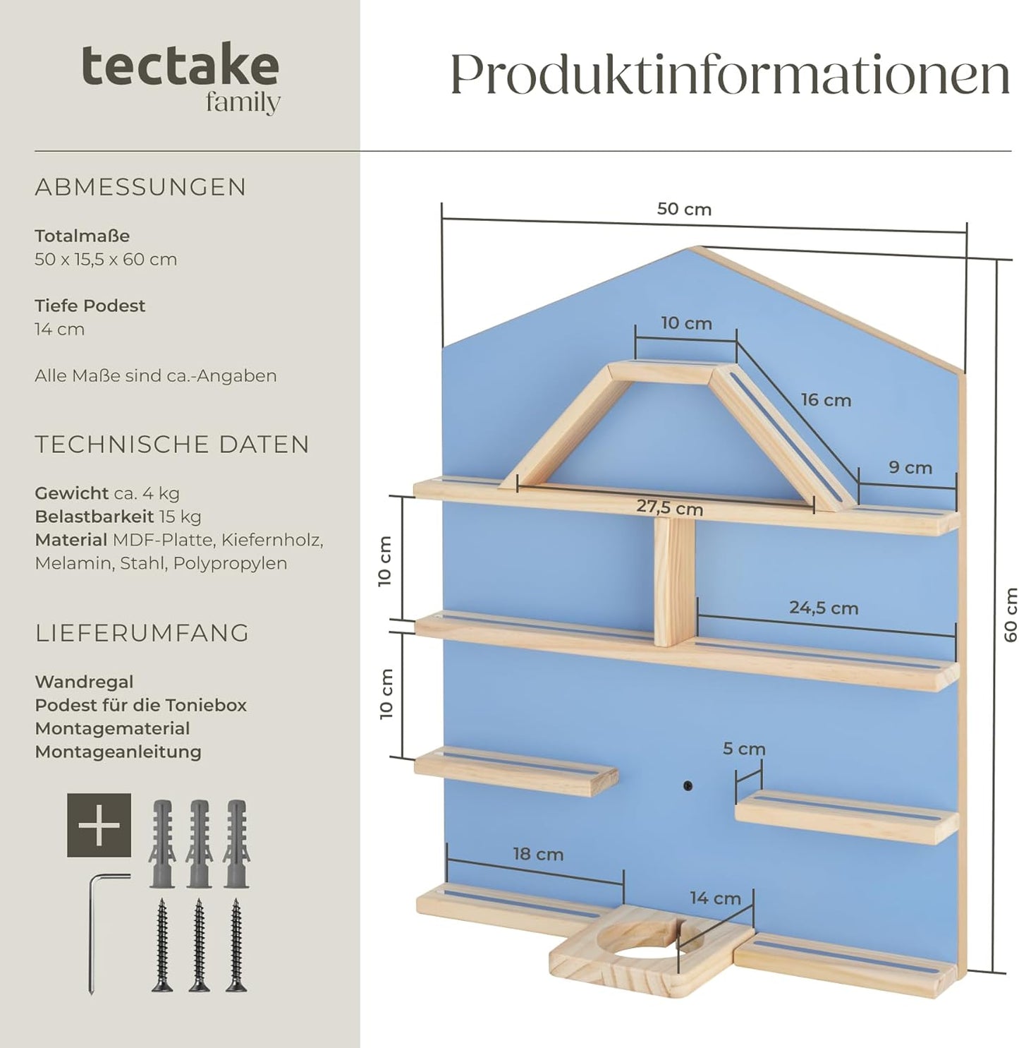 Wandregal mit Magnetstreifen für Kinderzimmer, Haus Blau
