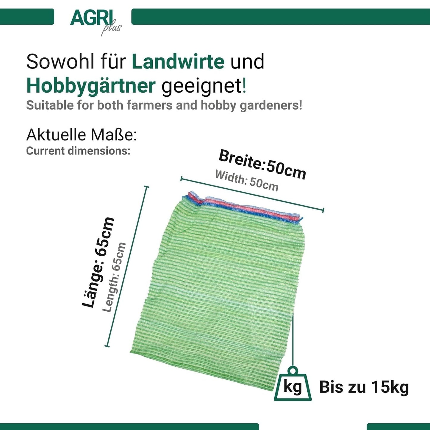 100 Stück Gemüsesäcke mit Zugband, 15 kg - 50 x 65 cm Grün - mit Zugband