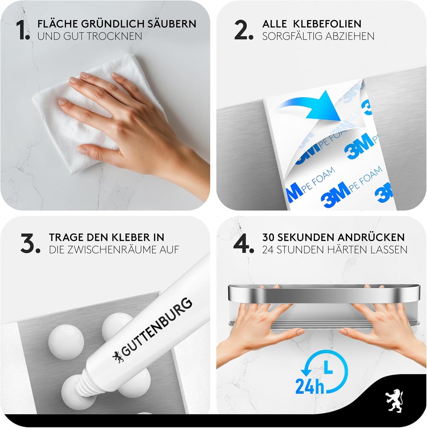 Duschablage ohne Bohren (XXL, 38cm, Edelstahl), ARCOS 38
