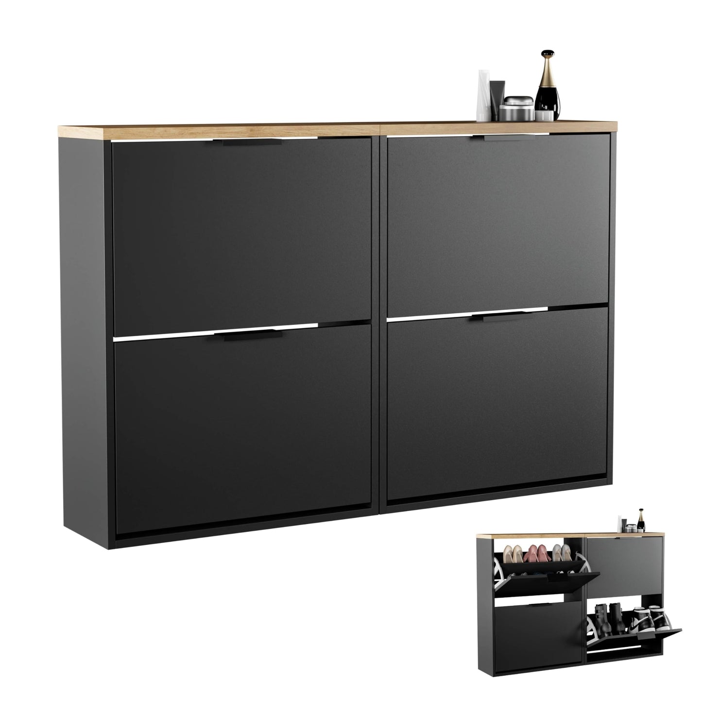Platzsparender Schuhschrank mit 4 Ablagen, 2x 2 Klappen Schwarz
