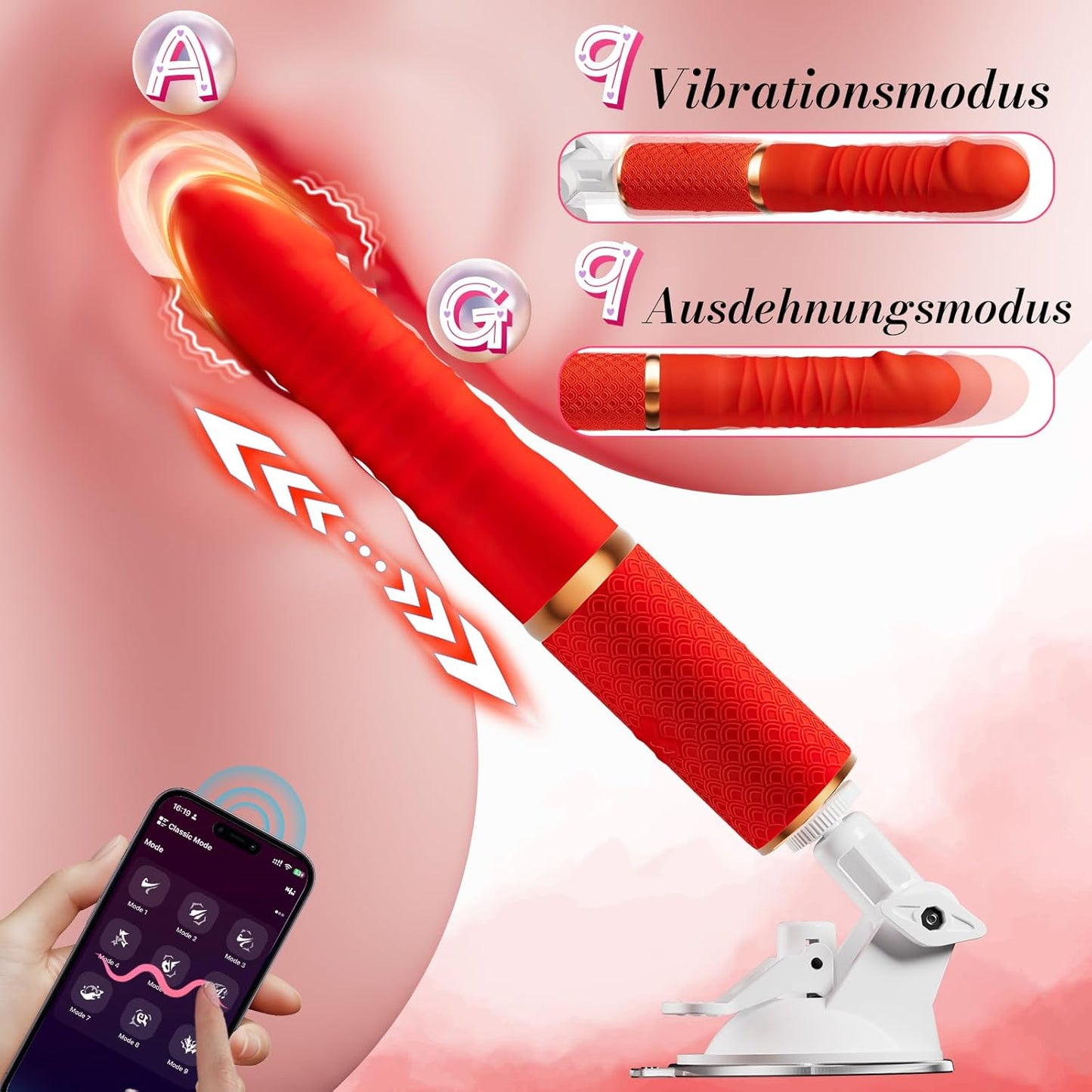 Sexmaschine mit 9 Stossfunktionen und Saugnapf und abnehmbarem Dildo