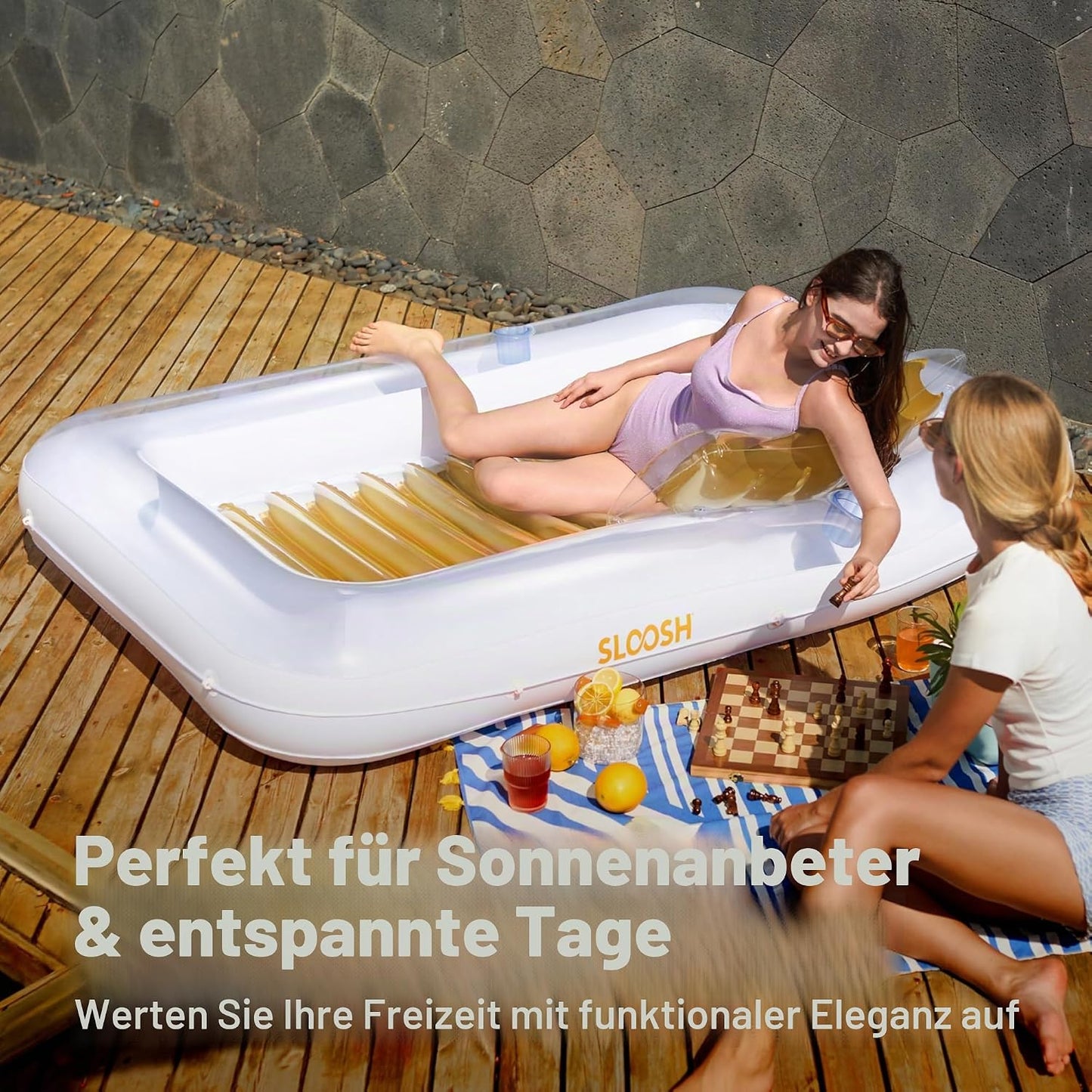 Aufblasbarer Sonnenpool mit abnehmbarem Kissen und Getränkehalter, Gold-Weiss XL