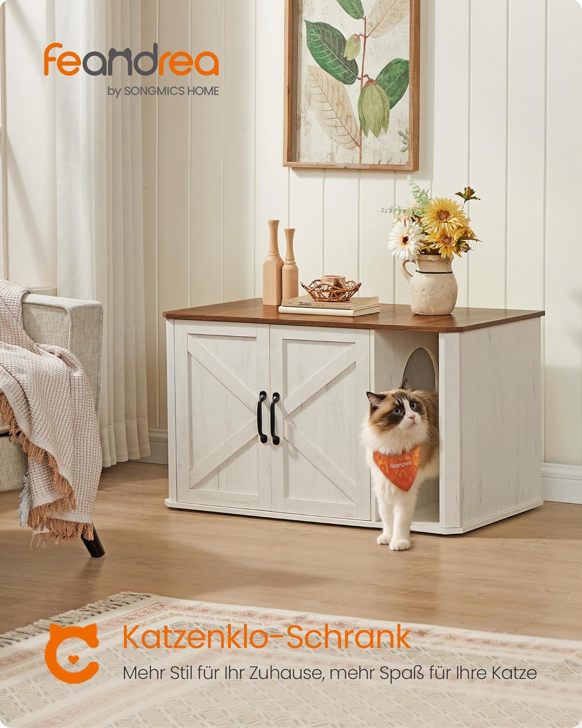 Katzenhaus mit integriertem Katzenklo-Schrank, Honigbraun + Vintageweiss