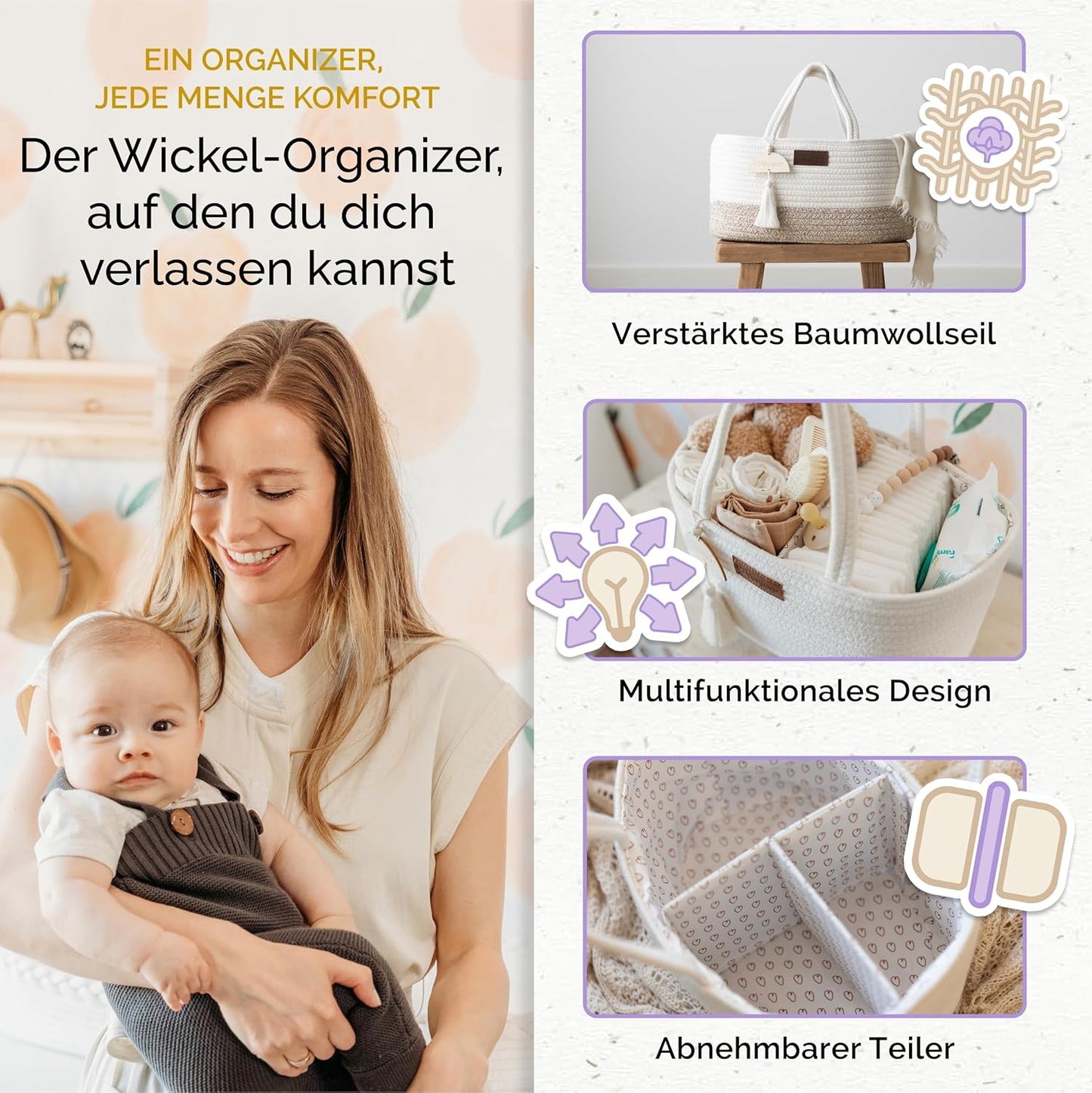 Wickeltisch Organizer mit herausnehmbaren Fächern, Weiß Beige