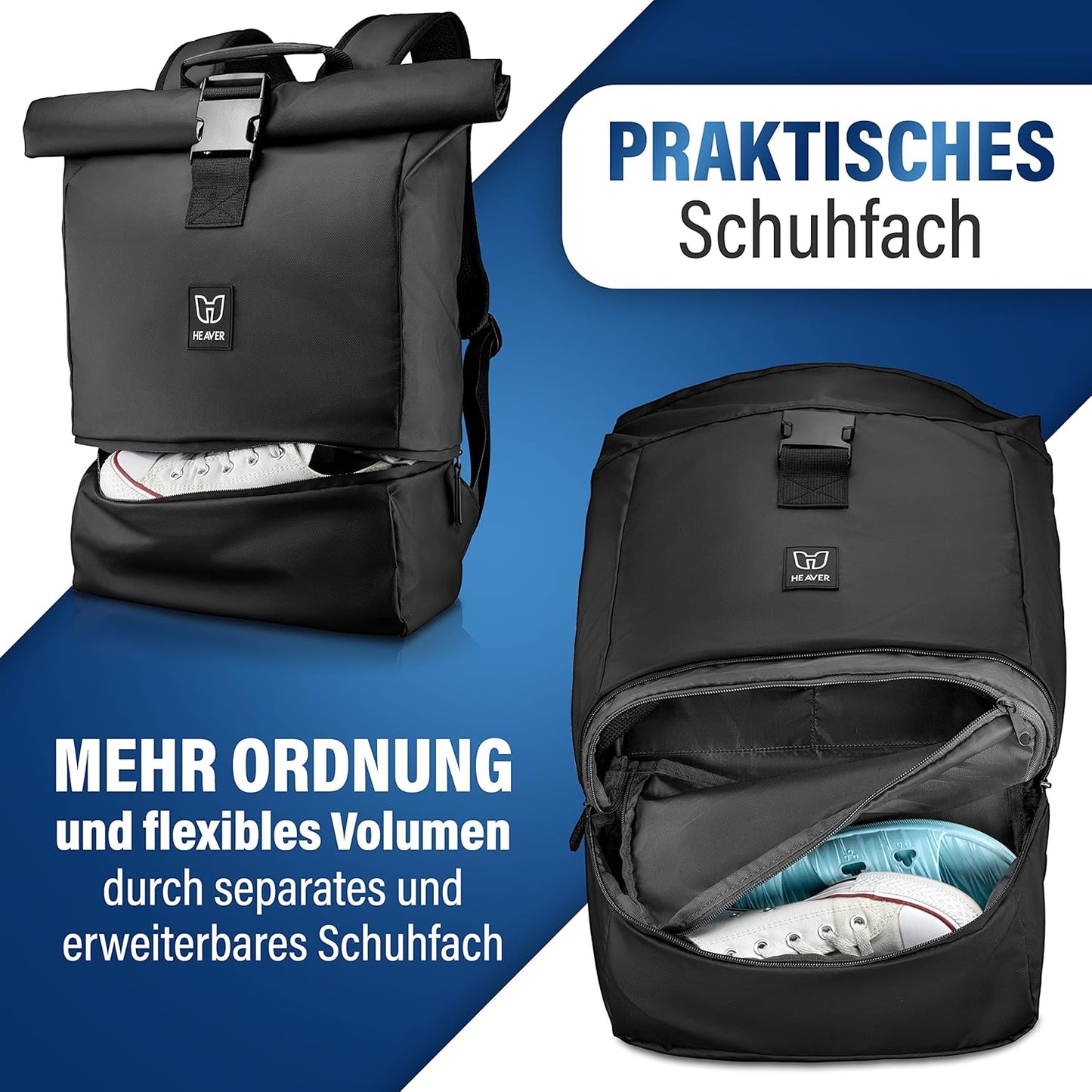 Rolltop Rucksack mit Laptopfach, Schwarz
