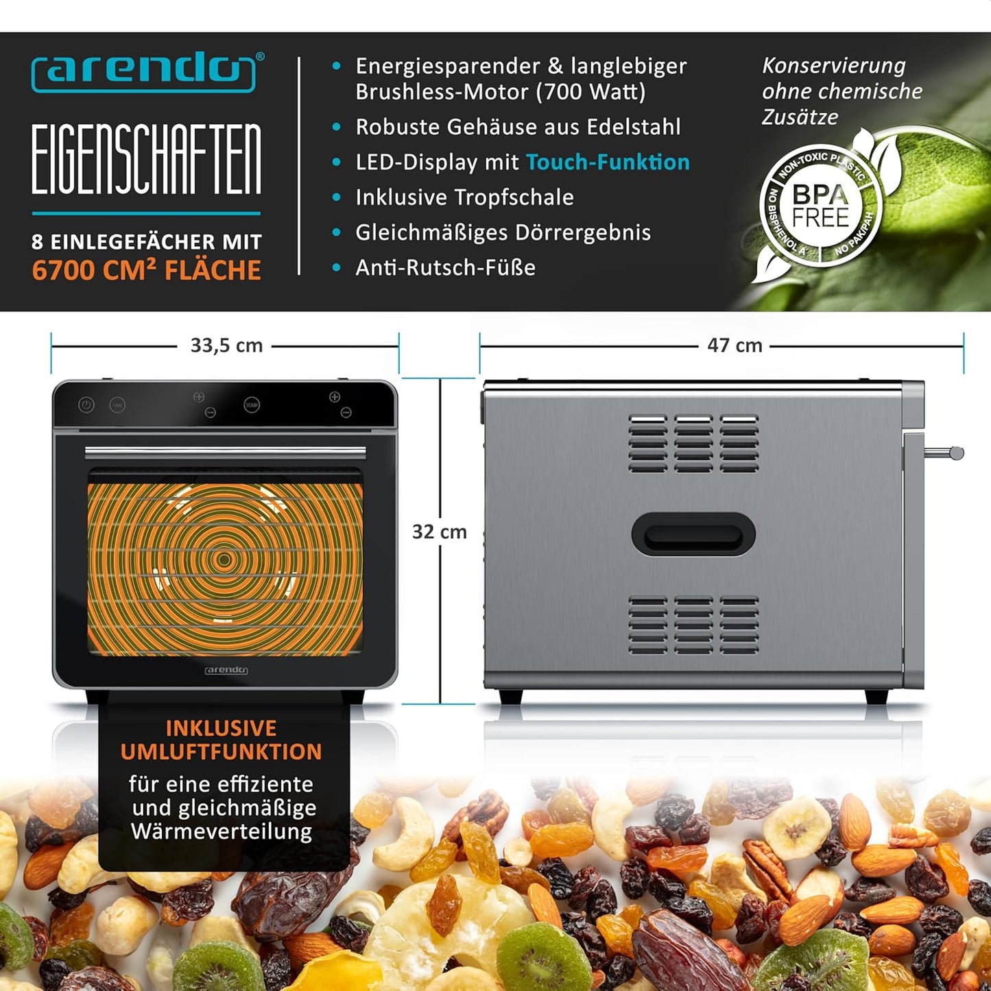 Dörrautomat mit 8 Edelstahlgittern (700 W, 35°-85°C)