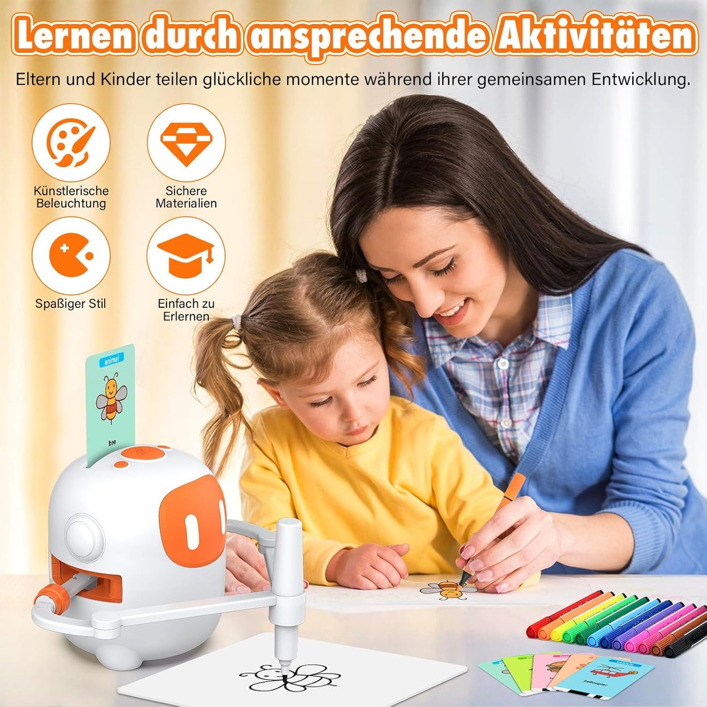 Zeichenroboter mit Sprachfunktion, 100 Karten und Stiften, Weiss