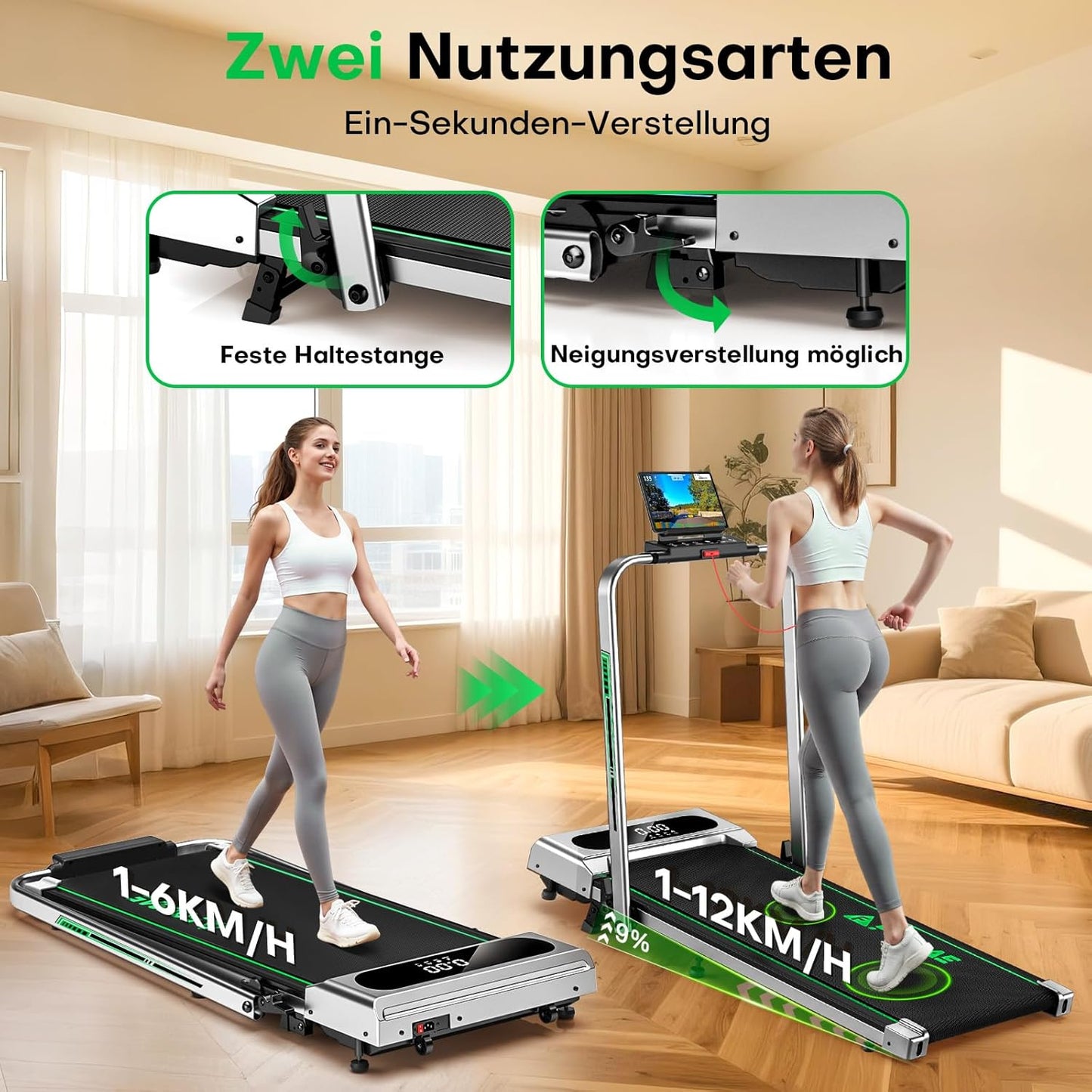 5 in 1 Klappbares Laufband mit Steigung und App-Steuerung, Silber-grün