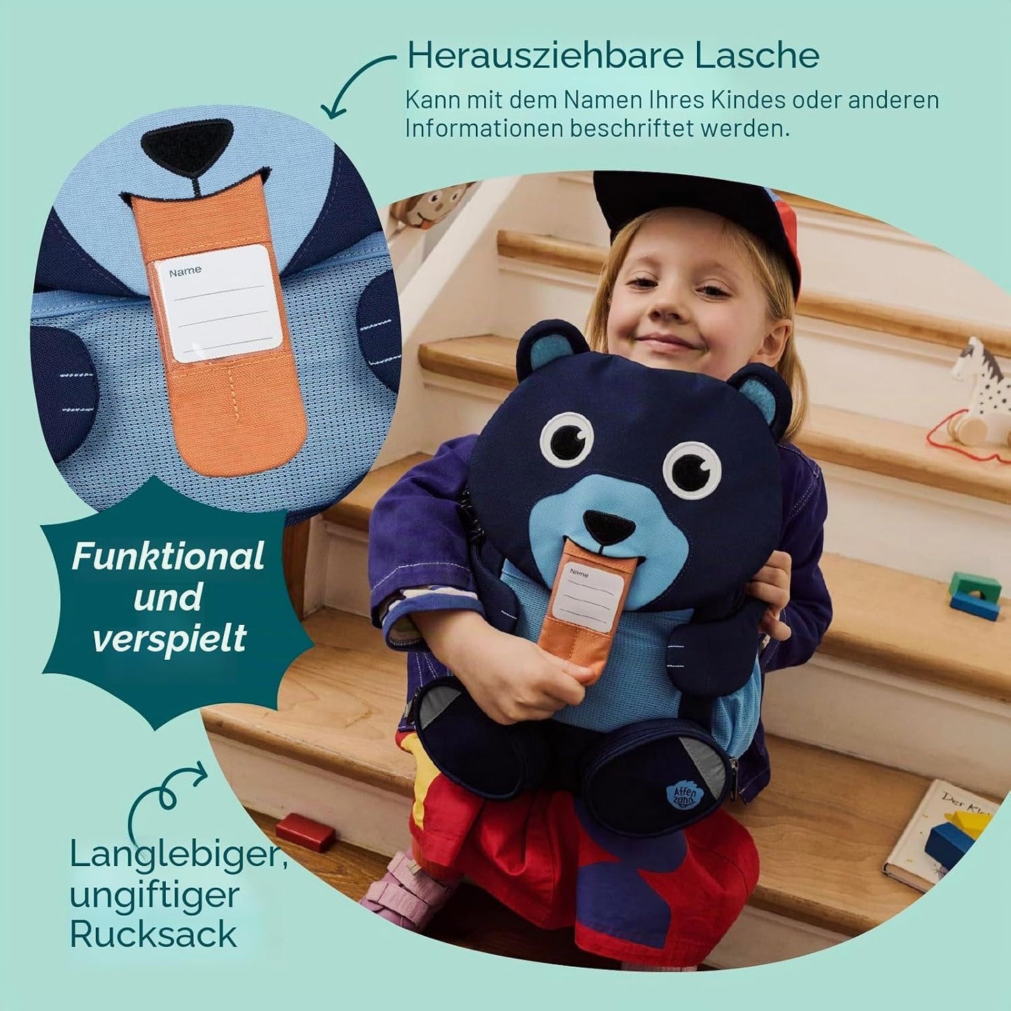 Kindergartenrucksack Grosser Freund, 8 L Bär - Blau