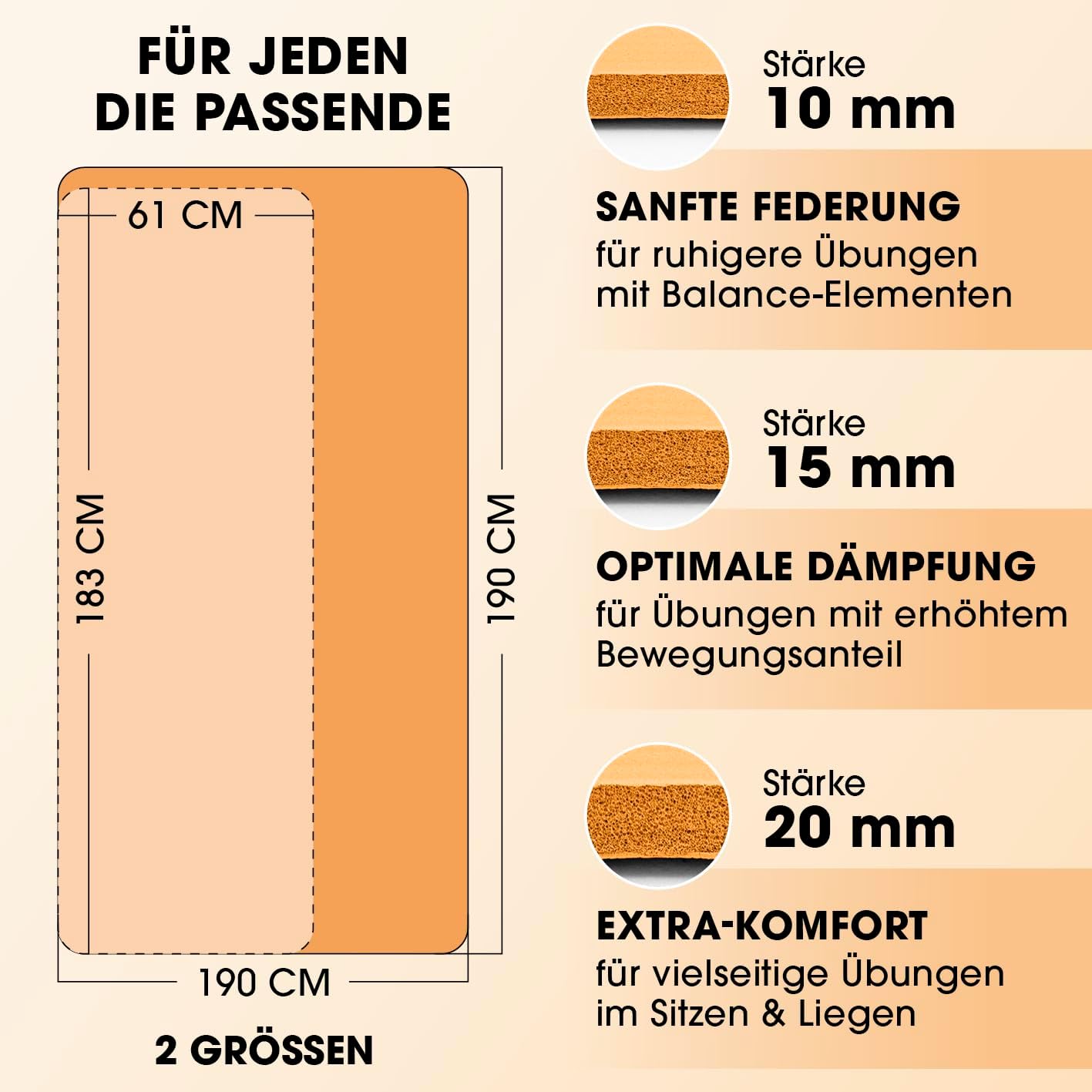 Rutschfeste Fitnessmatte, gelenkschonend, 183 x 61 x 1 cm Orange