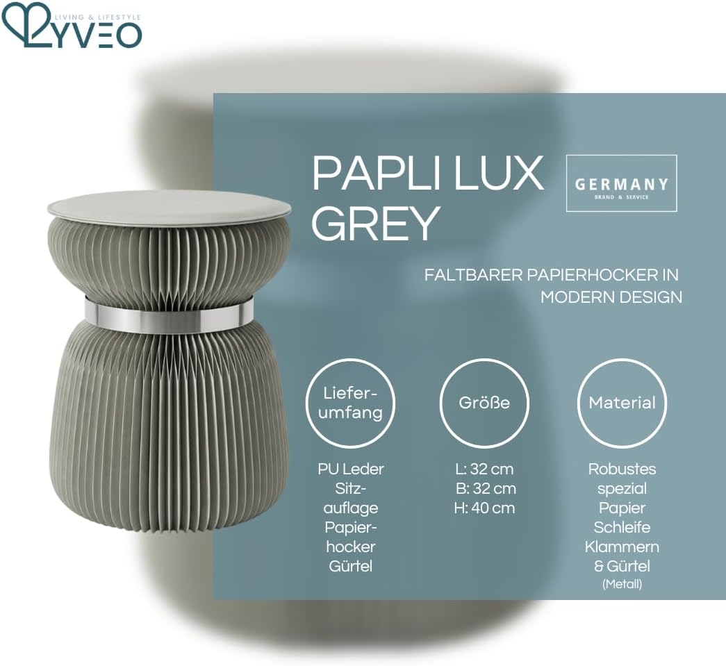 Papierhocker Papli Lux mit 180 Lamellen, Grau mit Silbernem Band