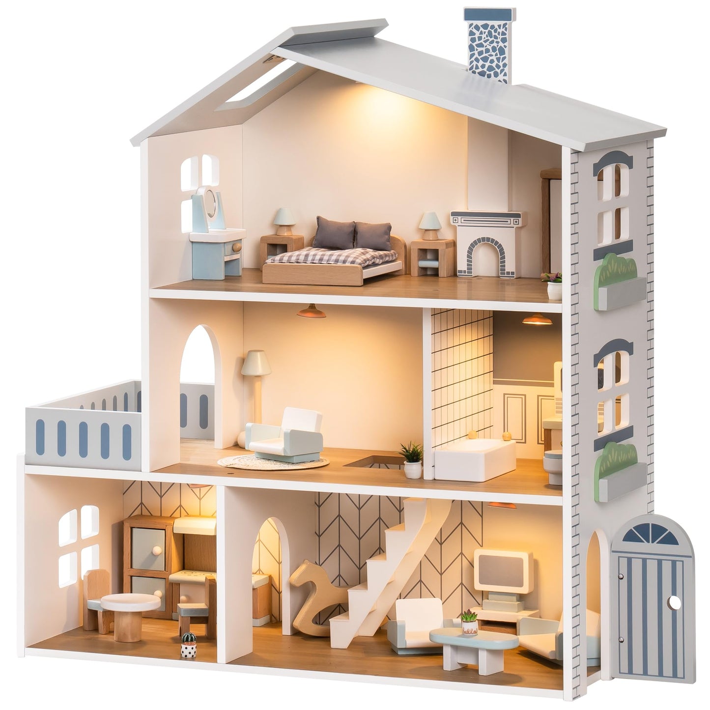 Möbiliertes Puppenhaus mit Lichtern und 3 Etagen, Modern