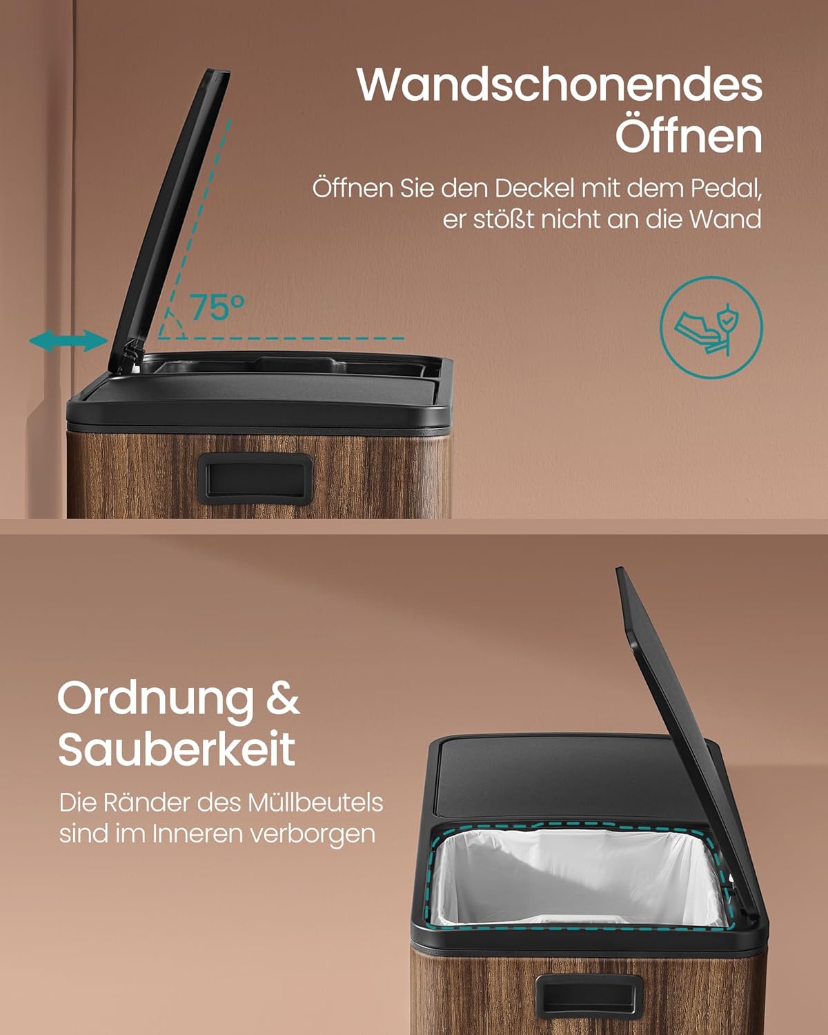 Mülltrennsystem Treteimer LTB060N02, 2 x 30 L, mit Softclose, dunkelwalnussfarben, 2 x 30 L