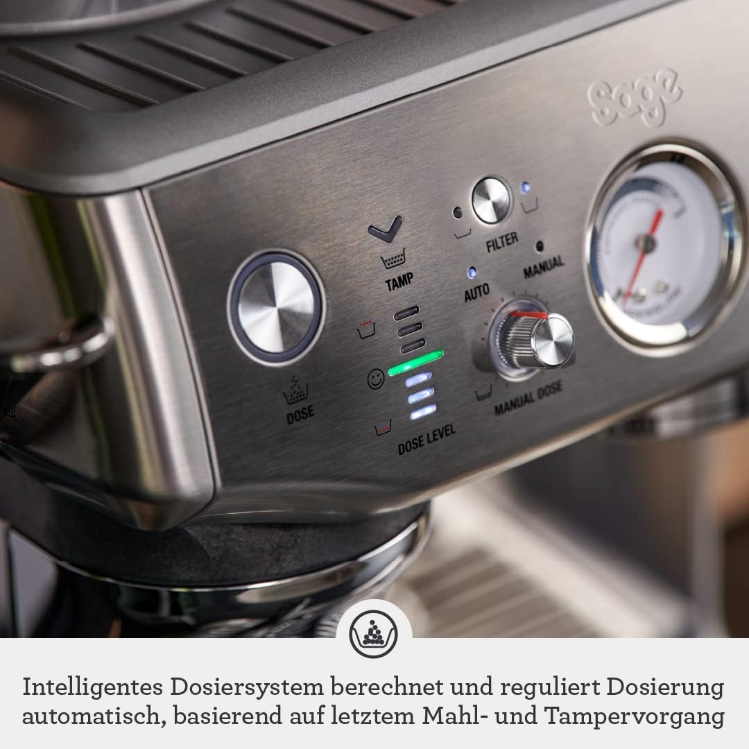 Espressomaschine mit manuellem Milchaufschäumer & Mahlwerk, Gebürsteter Edelstahl