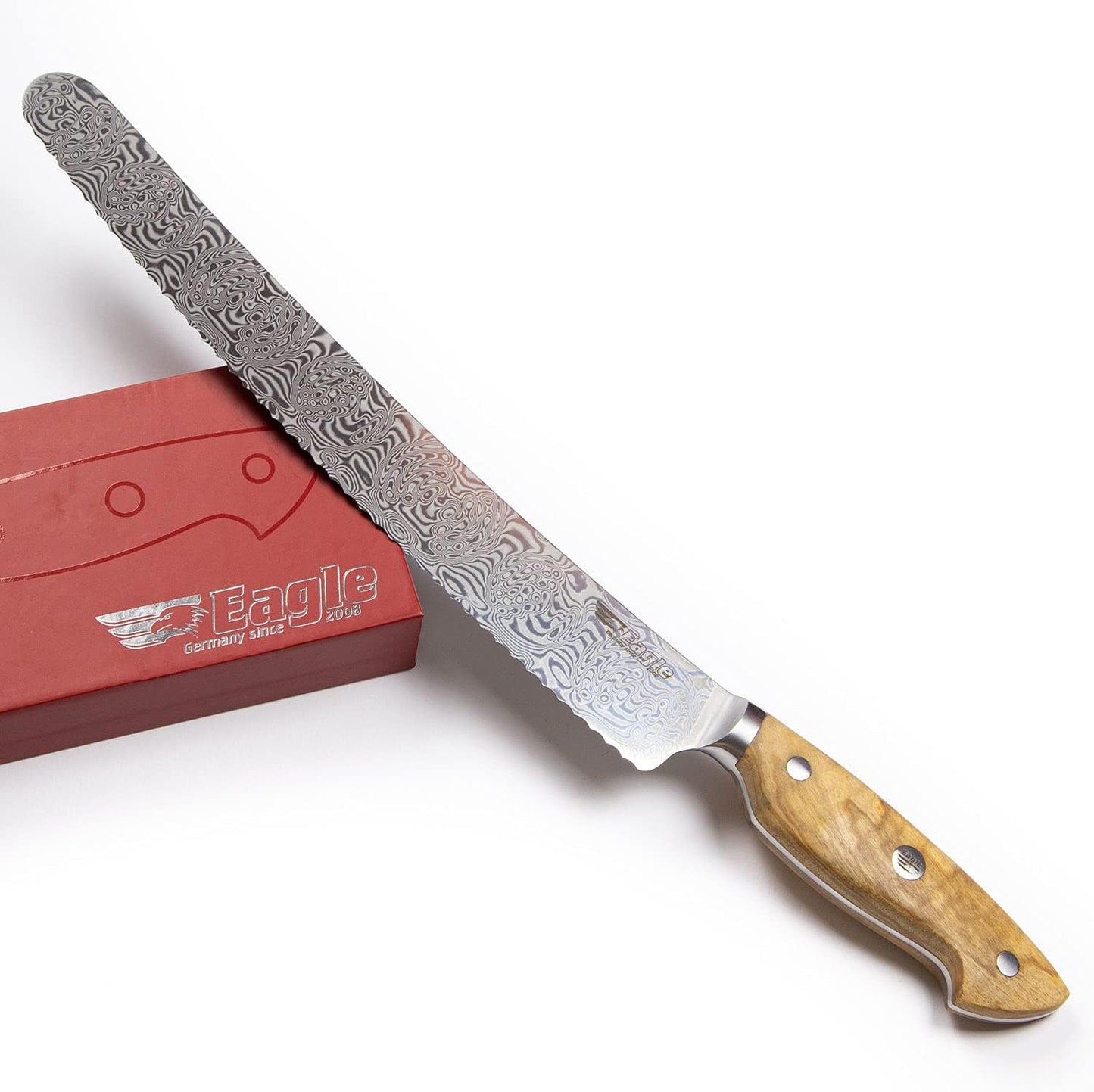 U-Grip Brotmesser, Voll-damaststahl 108 Lagen / Heftschalen: Olivenholz aus Süditalien