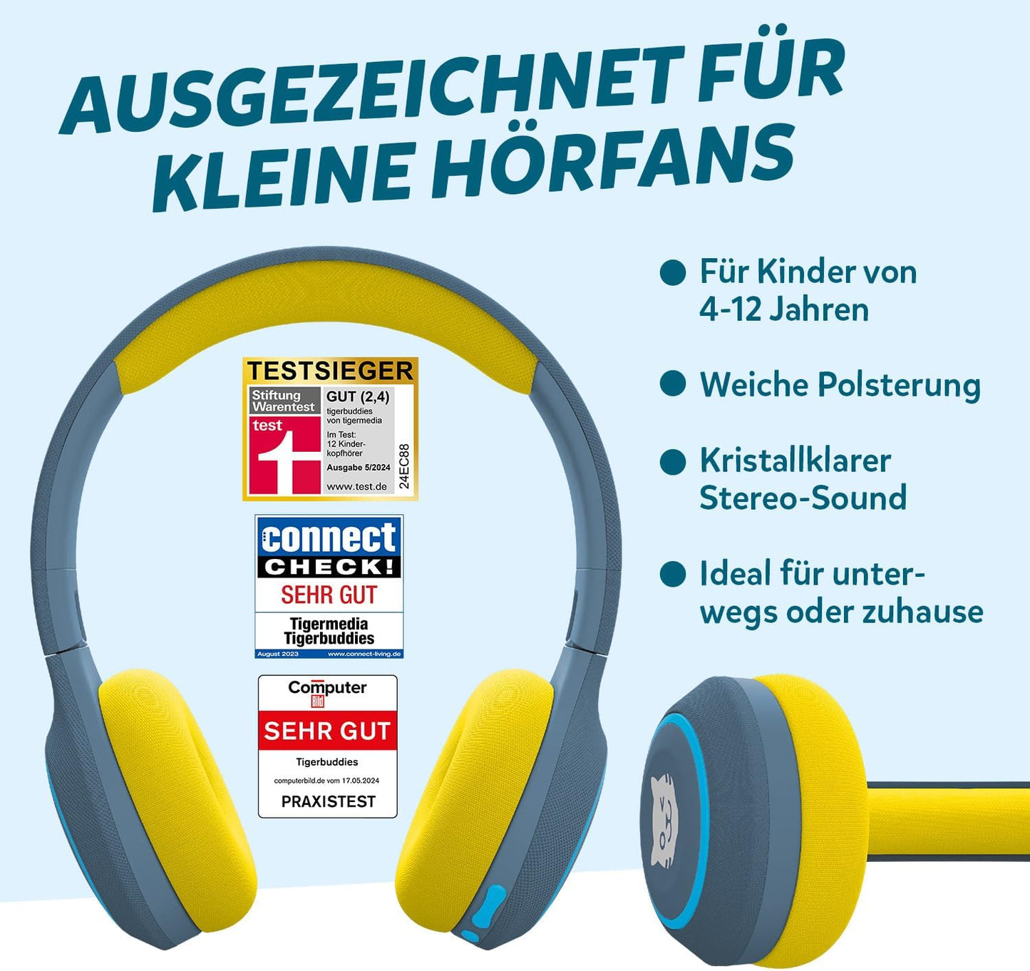 Bluetooth Kinderkopfhörer mit Lautstärkebegrenzung, dunkelblau/gelb