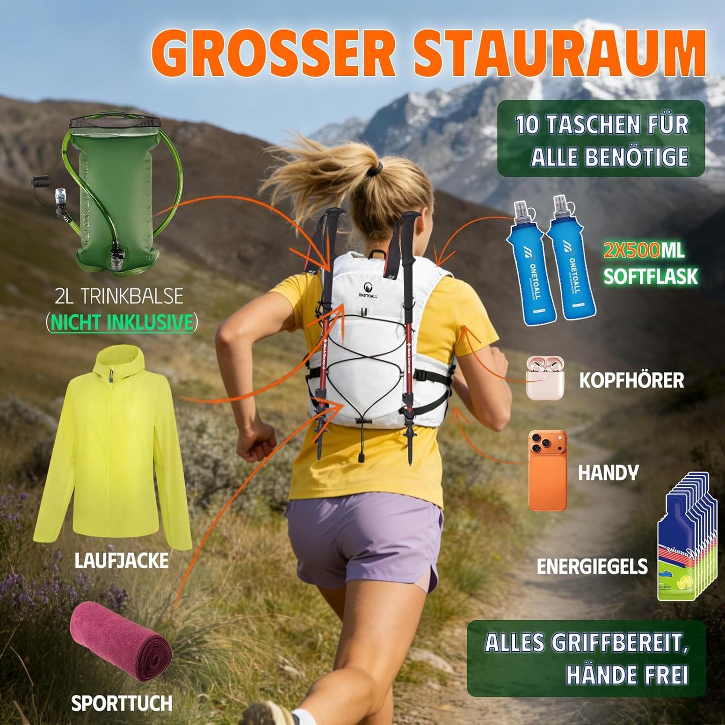 Trinkrucksack mit 2 faltbaren Trinkflaschen, weiss +2 Trinkflaschen