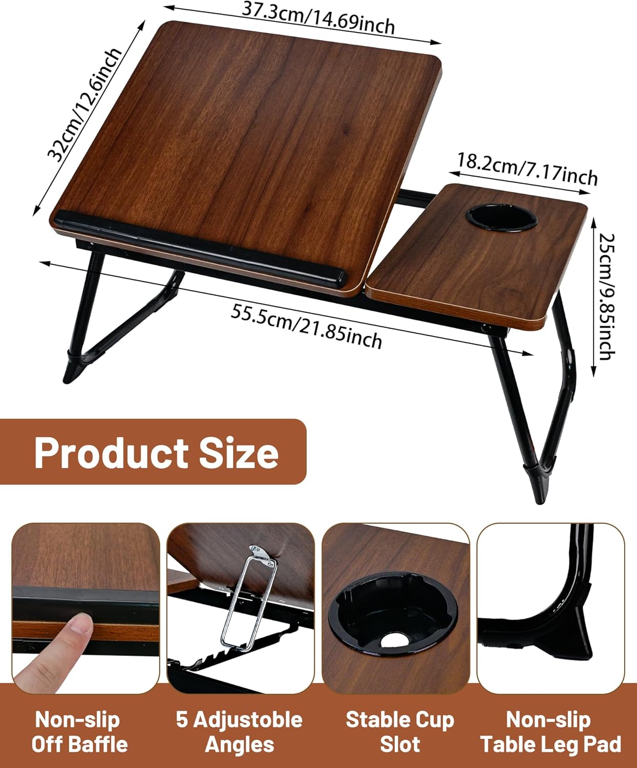 Verstellbarer Bett- & Laptoptisch mit Leseablage und Getränkehalter, Dunkelbraun