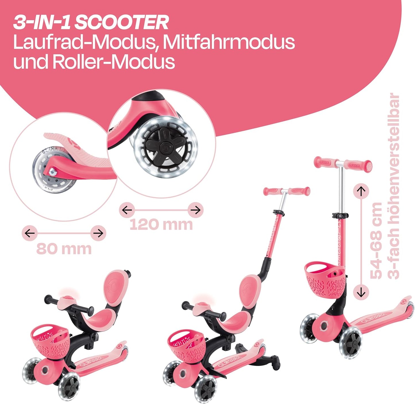 Go-Up Baby 360 Lights 3-in-1 Kinderfahrzeug, pink-pastellrosa