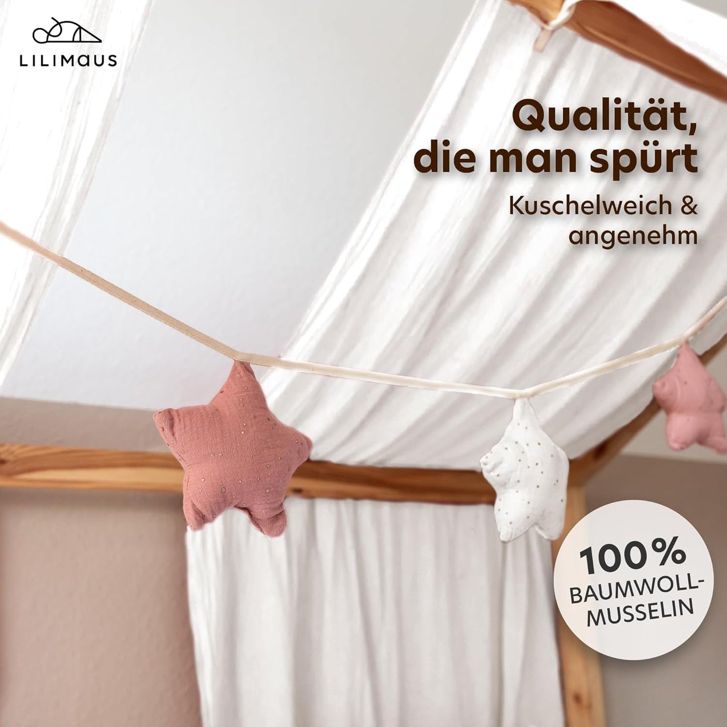 Sternenkette mit Goldapplikation, Weiss & Altrosa Sterne mit Goldapplikation