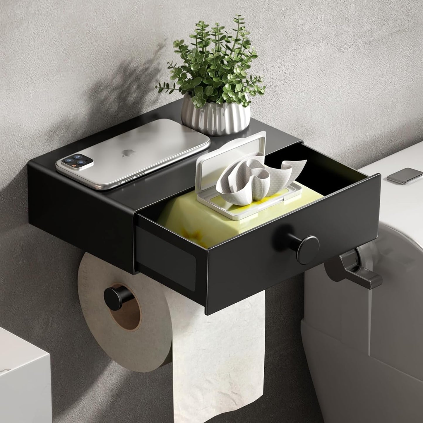 Toilettenpapierhalter mit Feuchttücherbox & Schublade, Schwarz Mit Feuchttücherbox