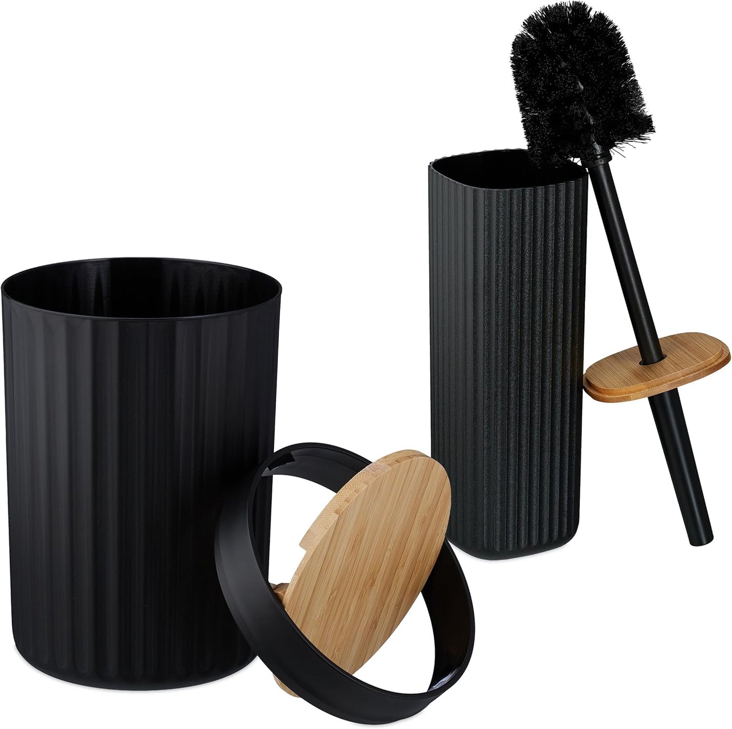 6-teiliges Badezimmer-Zubehörset, Schwarz/Natur