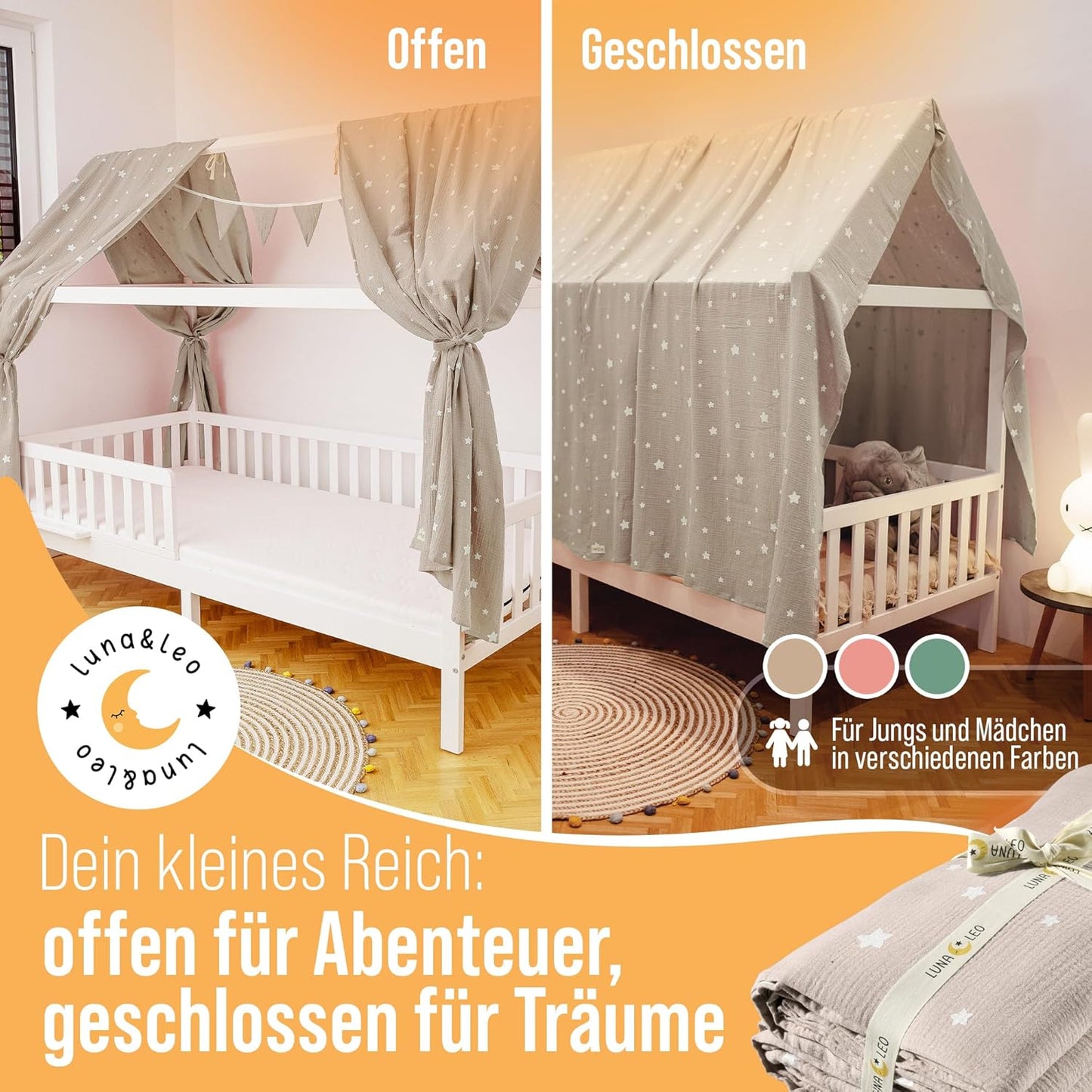Hausbett Himmel-Set mit Sternendruck und Wimpelkette, Beige Sterne H320 x B130 cm (2er Set)