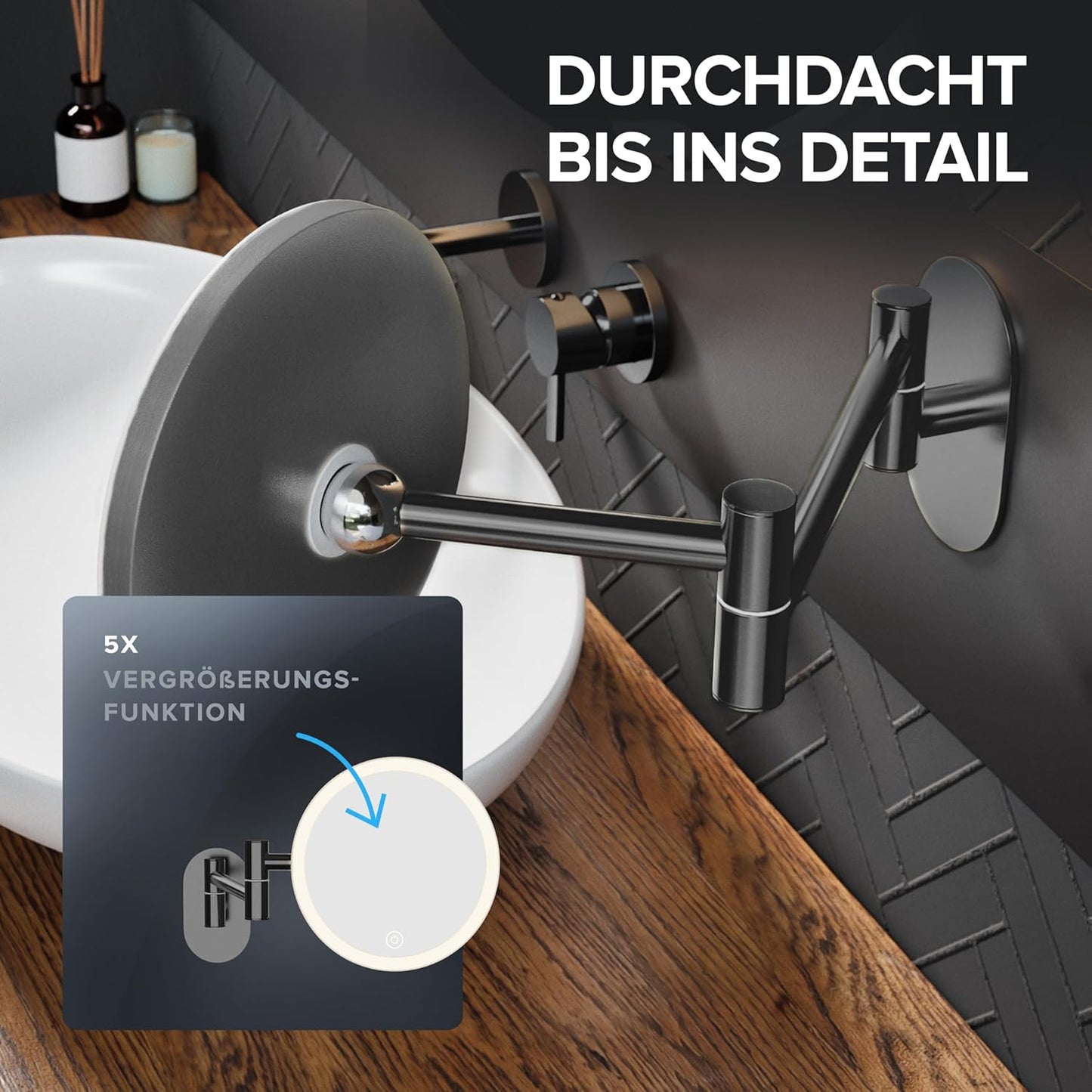 Kosmetik-Wandspiegel Ringstind mit Licht & 5-fach Vergrösserung, Gunmetal - Ohne Bohren Zum Kleben