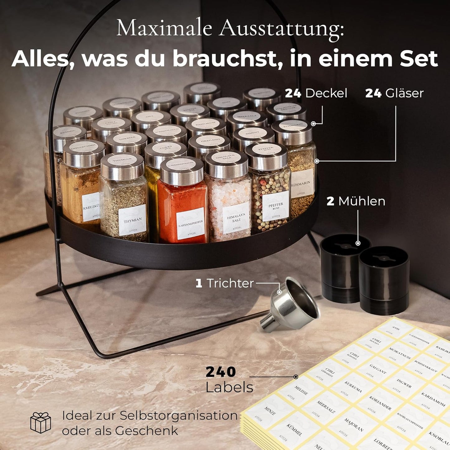 24-teiliges Gewürzgläser-Set mit Mühlen, Silber + 2 Mühlen