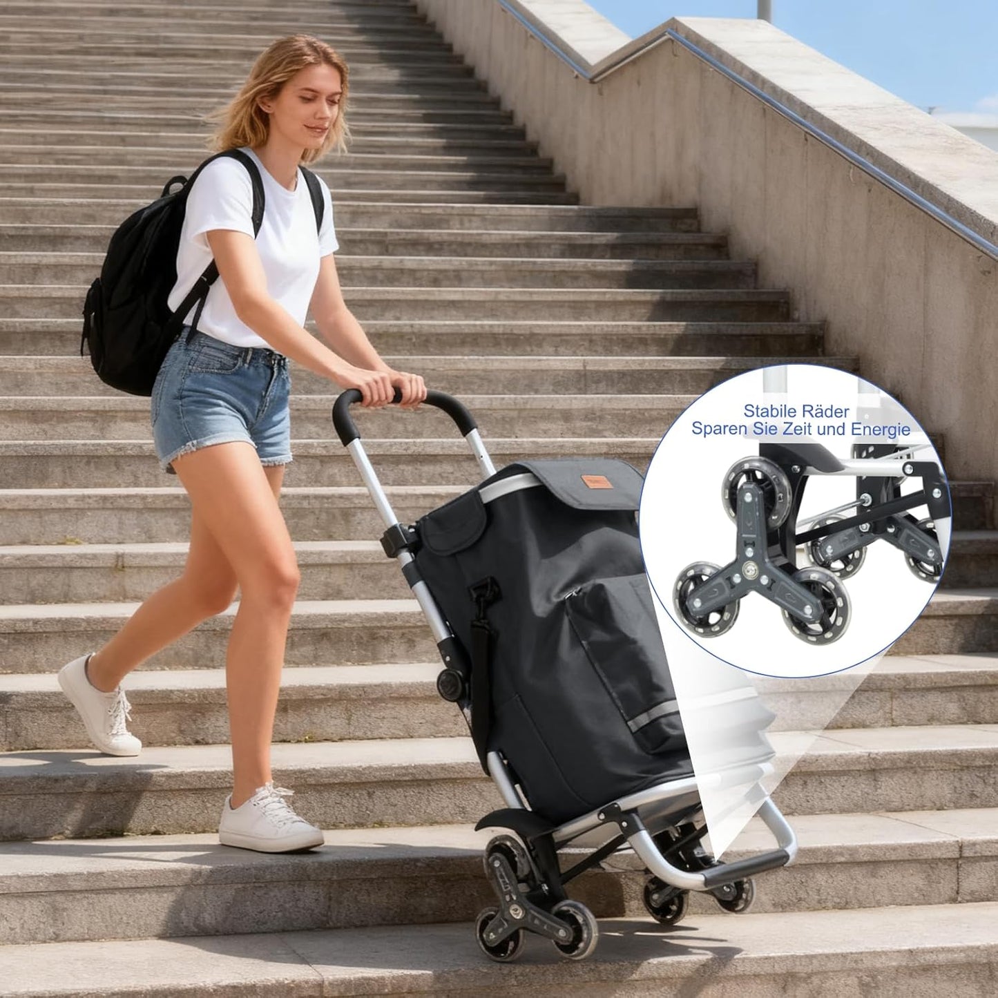 Einkaufstrolley mit Treppensteiger und Kühlfach, Grau