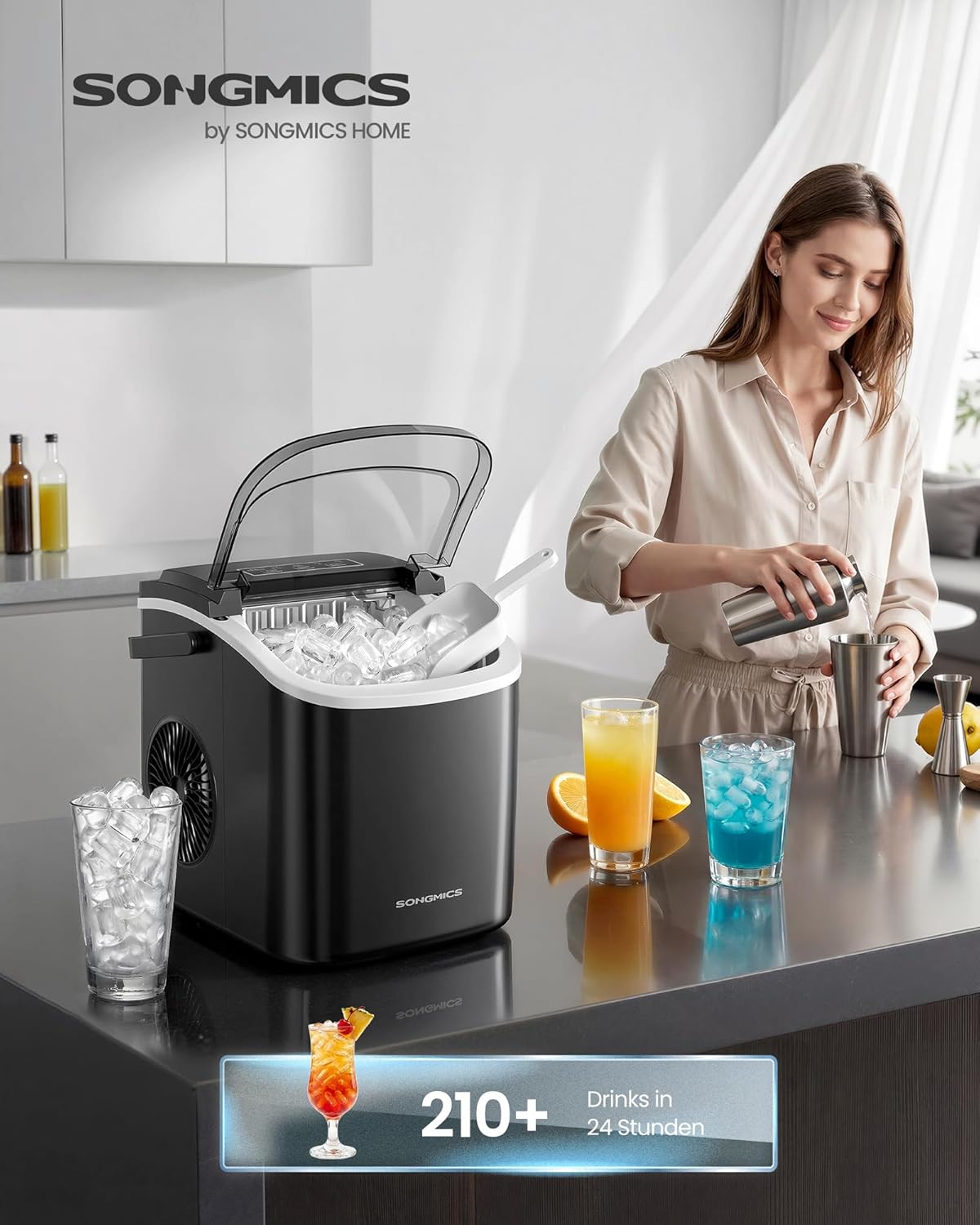 XZB001B1EU Eiswürfelmaschine mit Selbstreinigung, 9 Würfel in 6 Min., Tintenschwarz