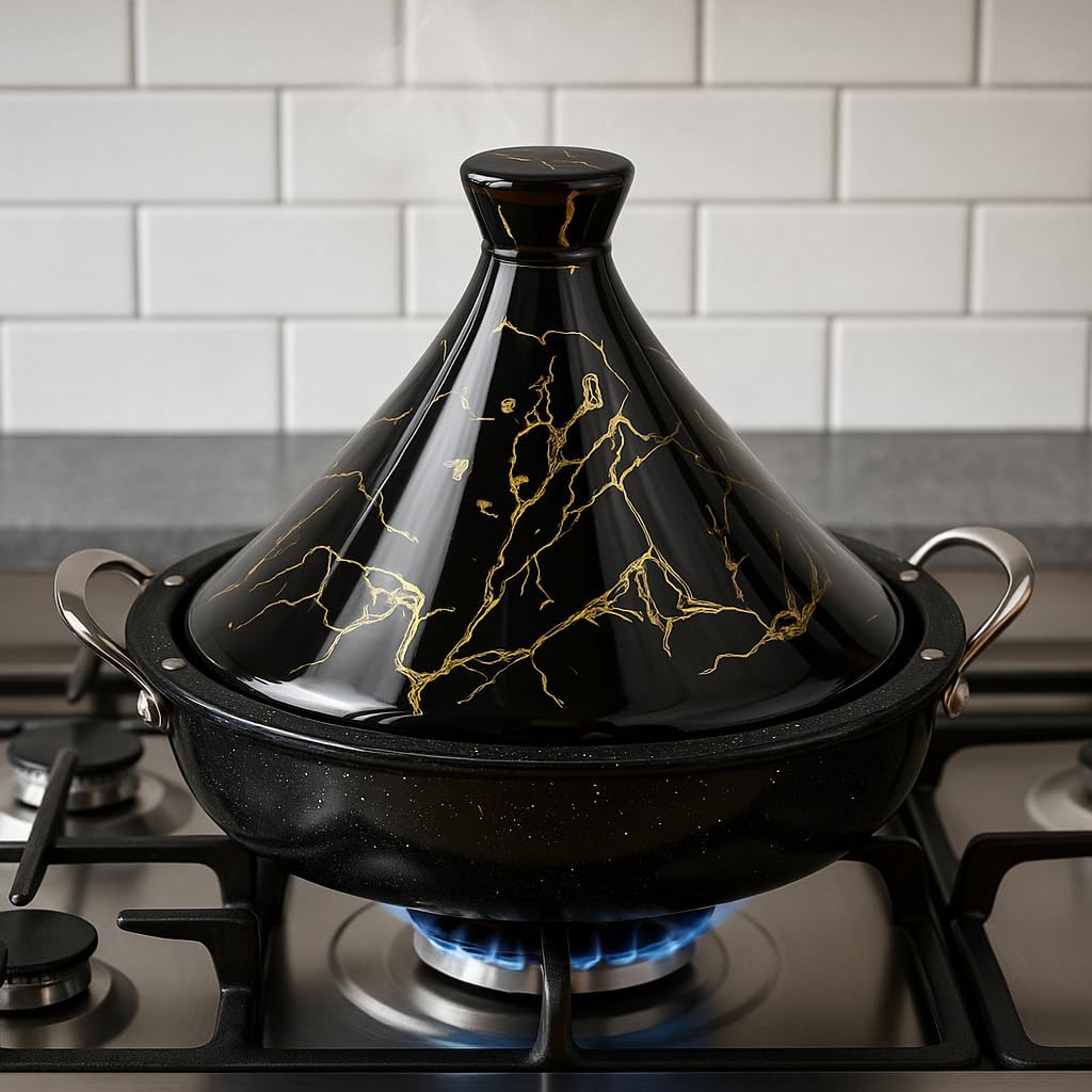 Tajine Schmortopf mit Keramikdeckel & Dampfventil, Schwarz 38 cm