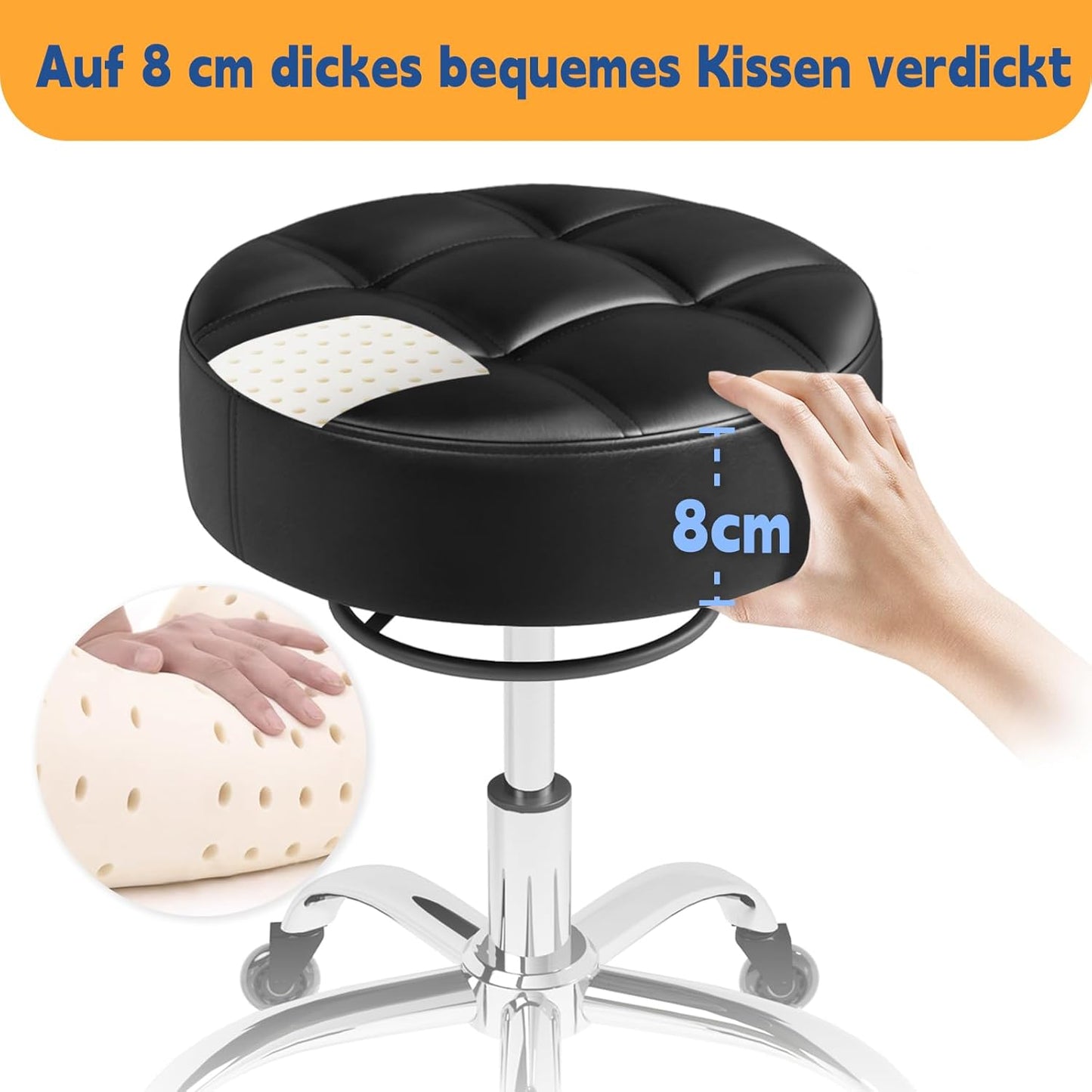 Höhenverstellbarer Rollhocker mit 360° Rollen, Schwarz