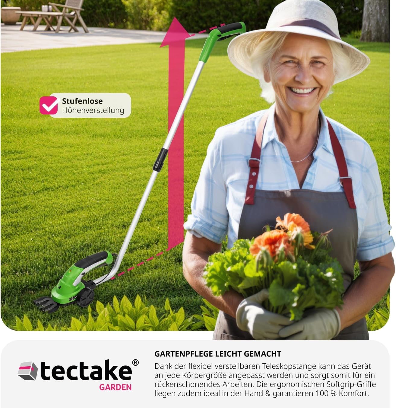 Akku-Heckenschere mit Grasschere und Teleskopstange